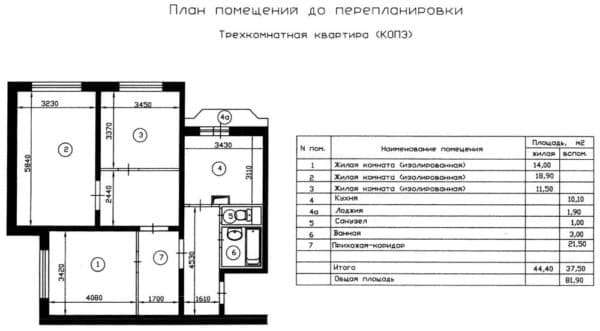 №1. Планировка трехкомнатной квартиры