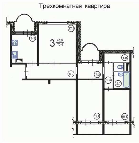 №2. Планировка 3-комнатной квартиры