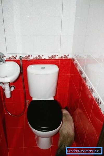 Напольный унитаз и раковина в туалете с гигиеническим душем